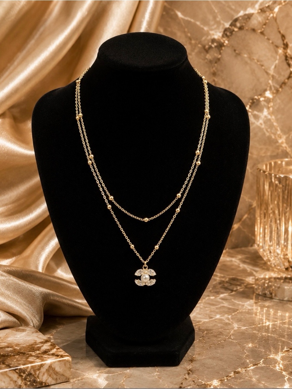 Gold Double-Layer CC Pearl Pendant Necklace